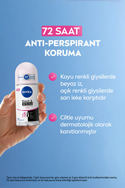 NIVEA Kadın Roll-on Deodorant Black&White Invisible Clear 50ml,72 Saat Anti-perspirant Ter Koruma,Alkolsüz