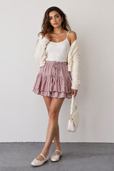 Συλλογή Trendyol Ροζ Μίνι Καρό Φούστα με Βολάν TWOSS26ET00249