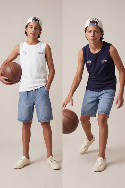 TRENDYOLKIDS Σκούρο μπλε-λευκό αγόρι 2'li βαμβακερό σλόγκαν τυπωμένο TKDSS25A...