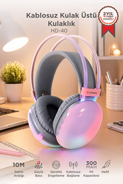 Torima Bluetooth Kulaklık Kulak Üstü Rgb Işıklı Kablosuz Kulaklık HD40 Pembe