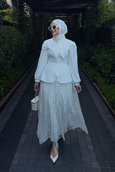 LOCCO Γυναικεία φούστα σιφόν με λεπτομέρεια πουά και δαντέλα στο πλάι, λευκή