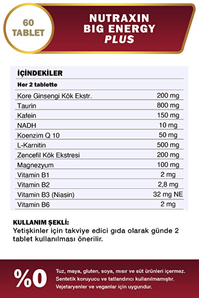 Nutraxin Big Energy Plus 150 mg Kafeinli Ginseng & Zencefil İçeren Takviye Edici Gıda 60 Kapsül
