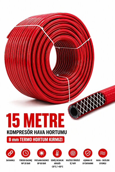 Badem10 (15 METRE) Kompresör Hava Hortumu 8 mm Termo Hortum Kırmızı Thermo