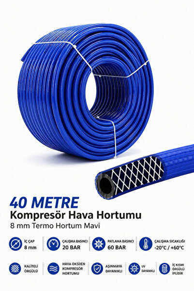 Badem10 (40 METRE) Kompresör Hava Hortumu 8 mm Termo Hortum Mavi Thermo