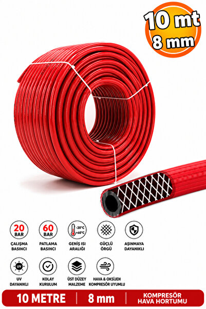 Badem10 (10 METRE) Kompresör Hava Hortumu 8 mm Termo Hortum Kırmızı Thermo