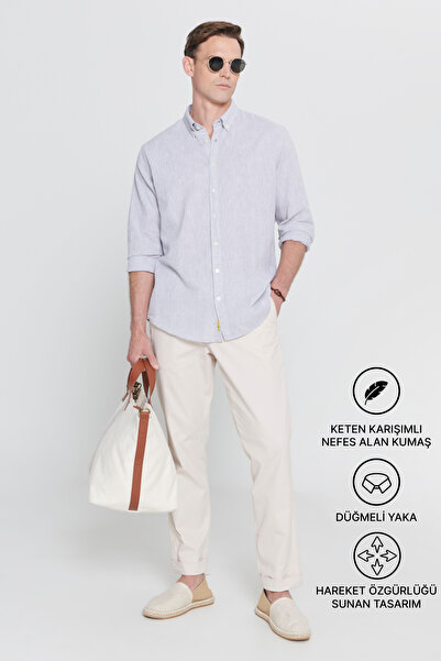 AC&Co / Altınyıldız Classics Γκρι λινό Comfort Fit Casual ανδρικό πουκάμισο -...