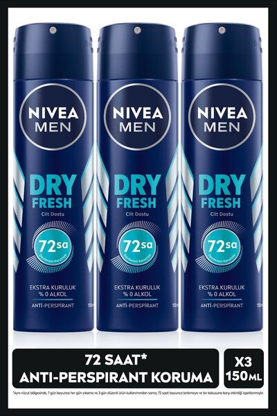 NIVEA MEN Erkek Sprey Deodorant Dry Fresh 150ml, X3 Adet, 72 Saat Terlemeye K...