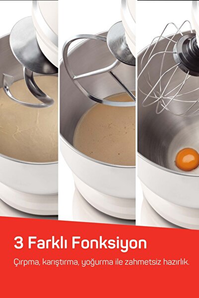 Arzum AR1189 Crust Mix Lite Stand Mikser 5L Kapasiteli 3 Farklı Aparat 1500W, Beyaz