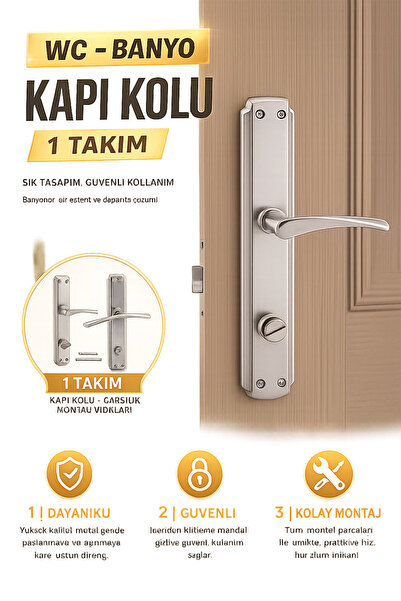 Badem10 (1 TAKIM) Kilitlenebilir WC Banyo Kapı Kolu Nikel İnox Aynalı Sağa So...