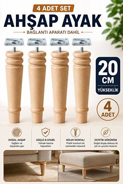 Badem10 Bohem 20 cm Doğal Ahşap Ayak 4 ADET SET Boyasız Silindir Mobilya Kolt...