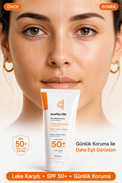Quality Life Yüz Güneş Kremi 110 ML - Su Bazlı Leke Karşıtı Güneş Koruyucu 50+ SPF Faktör Yüz + Vücut