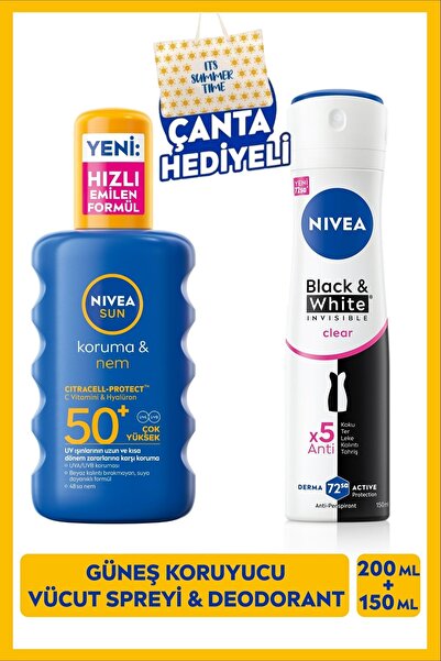 NIVEA SUN SPF50 Güneş Koruyucu Vücut Spreyi 200ml ve Deodorant Black&White In...