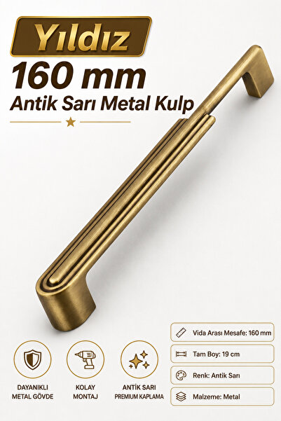 Badem10 Yıldız 160 mm Antik Sarı Metal Kulp Mobilya Çekmece Dolap Kapak Kulpu...