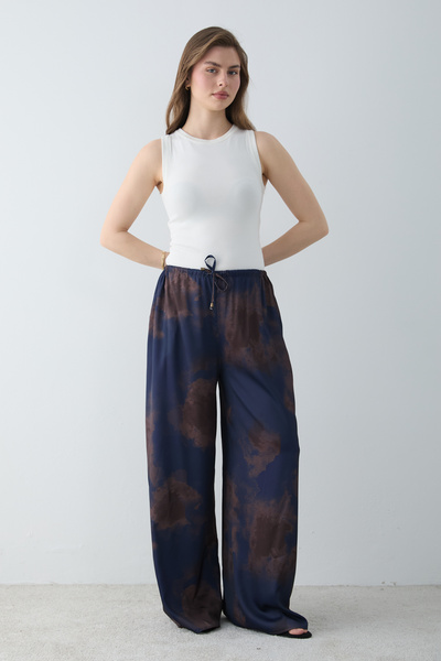 Trendyol Collection Navy Blue Gradient Patterned Satin Wideleg Trousers Twoss...