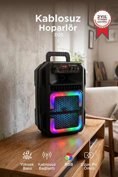 Torima Bluetooth Hoparlör Rgb Işıklı Mikrofonlu Kumandalı Hoparlör D25 Siyah