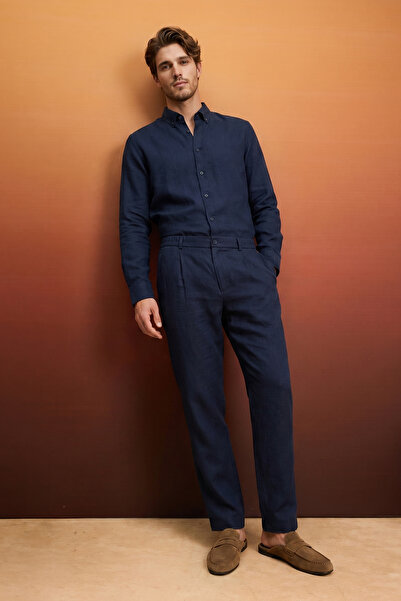 Trendyol Kollektion Marineblaue Herrenhose aus 100 % Leinen mit elastischem B...