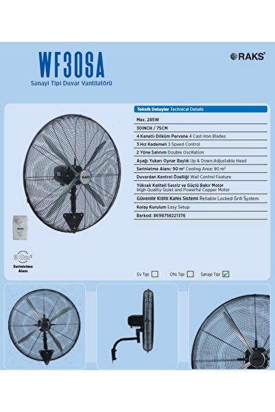 Raks Wf30SA Sanayi Tipi 30inç./75cm. Duvar Vantilatörü 285 Watt