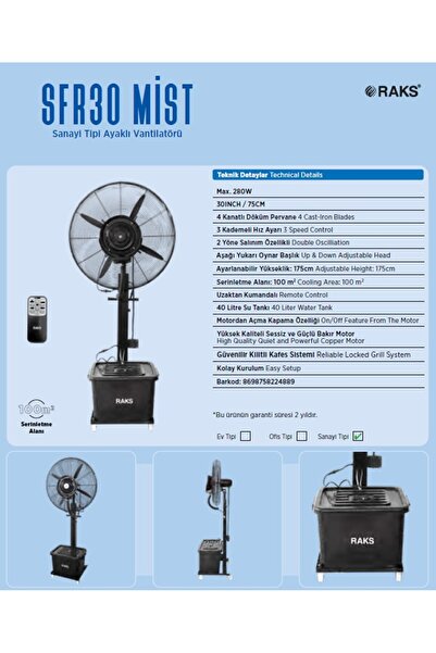 Raks SFR30 Mıst Uzaktan Kumandalı 260 Watt Sanayi Tipi Su Püskürtmeli Ayaklı Vantilatör 30inç/75cm.