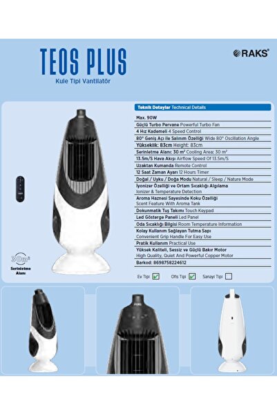 Raks Teos Plus Kule Tipi Uzaktan Kumandalı Dokunmatik Ekranlı Vantilatör 90 Watt 7 Yıl Garantili