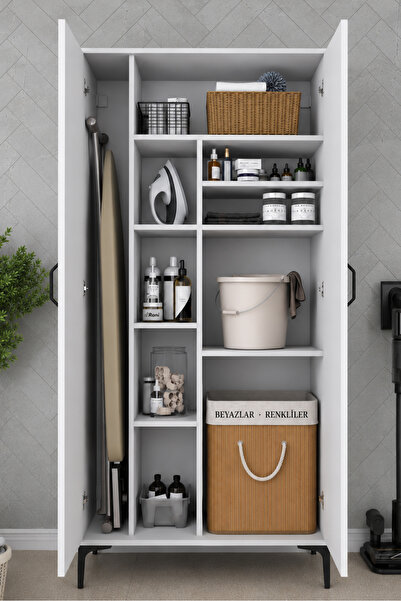 Rani Mobilya Rani KC103 Banyo Dolabı 2 Kapaklı 7 Raflı Çok Amaçlı Dolap Beyaz