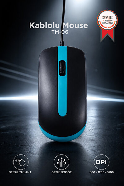Torima Mouse Optik Sessiz ve Ergonomik Tasarım Kablolu Fare TM06 Mavi