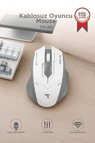 Torima Mouse Çift Modlu Sessiz Kablosuz Oyuncu Fare TM20 Beyaz Gri