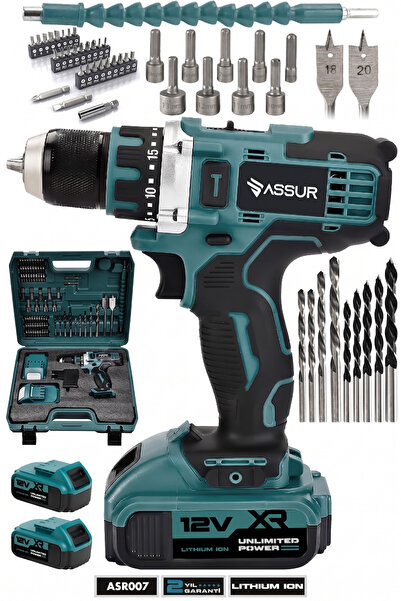 ASSUR 12V ÇİFT AKÜLÜ 74 PARÇA LED IŞIKLI METAL ŞANZIMAN AKÜLÜ VİDALAMA ŞARJLI...