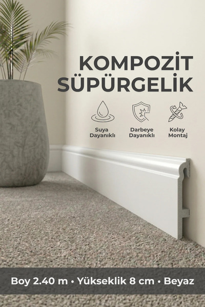 AGK Espumo Kompozit Süpürgelik 8 cm Beyaz | Suya Dayanıklı Parke Duvar Süpürg...