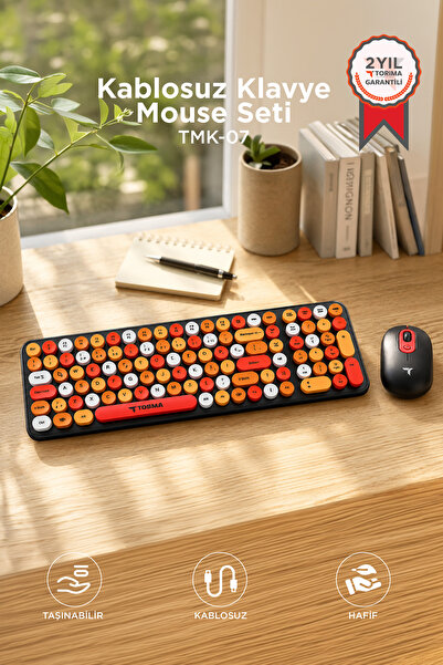 Torima Kablosuz Q Klavye Mouse Seti Retro Daktilo Görünümlü TMK07 Çok Renkli