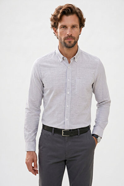 Tudors Erkek Slim Fit Dar Kesim %100 Pamuk Düğmeli Yaka Çizgili Uzun Kollu Ce...