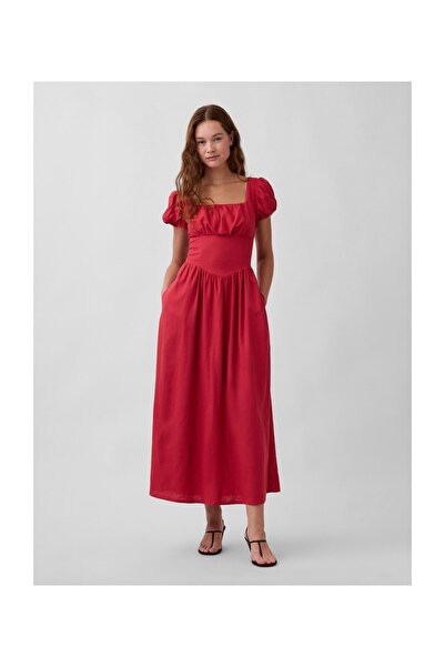 GAP SS Rochie maxi din in cu talie joasă, Roșu Chakra, 55% In, In european, M...