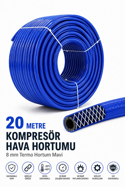 Badem10 (20 METRE) Kompresör Hava Hortumu 8 mm Termo Hortum Mavi Thermo
