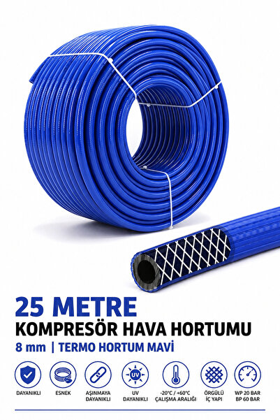 Badem10 (25 METRE) Kompresör Hava Hortumu 8 mm Termo Hortum Mavi Thermo