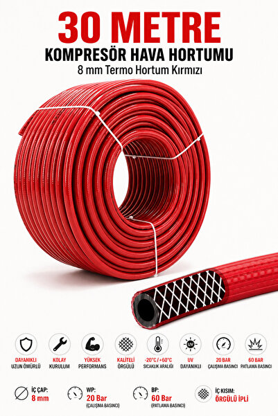 Badem10 (30 METRE) Kompresör Hava Hortumu 8 mm Termo Hortum Kırmızı Thermo