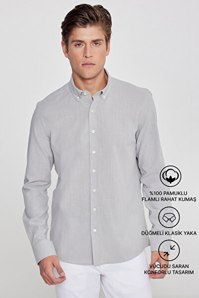 AC&Co / Altınyıldız Classics Ανδρικό γκρι 100% βαμβακερό πουκάμισο Oxford Sli...