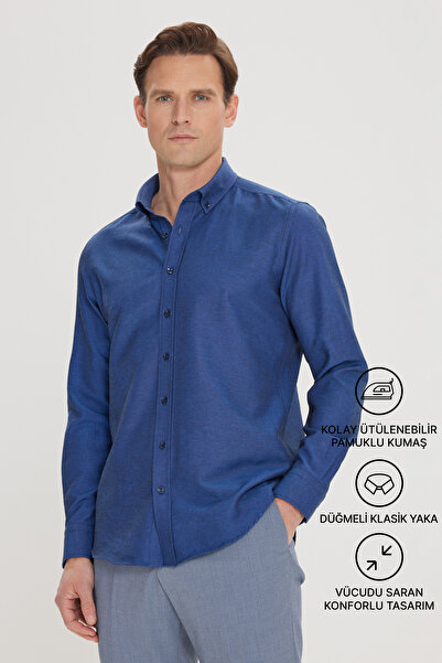 AC&Co / Altınyıldız Classics Ανδρικό Oxford Dark Navy - Κολάρο με κουμπιά, Ea...