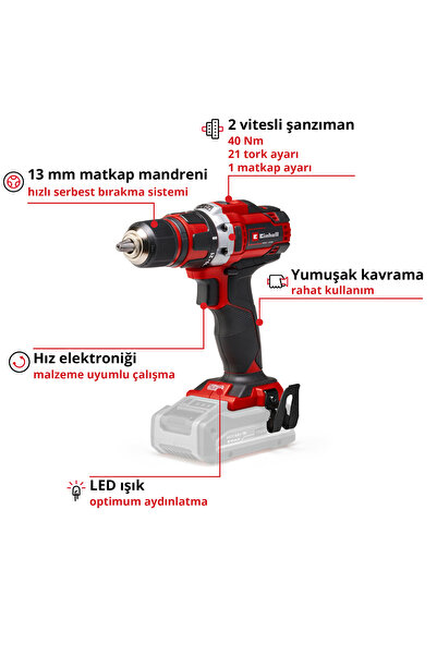 Einhell Akülü Vidalama TE-CD 18/40 Li-Solo PXC (18V, 40 Nm, delme+vidalama, hız kontrolü) - 4513925