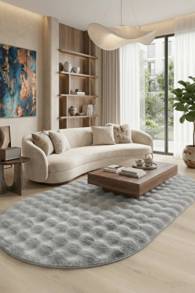 ALgorand Home Oval Peluş Halı Gri Kaymaz Taban Yıkanabilir Yumuşak Salon Yatak Odası Halısı