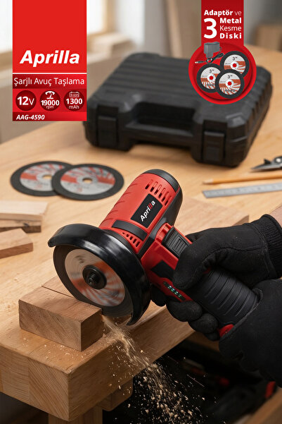 Aprilla AAG-4590 Şarjlı Avuç Taşlama | 12V & 19000 dev/dk & 76 mm Disk & Set