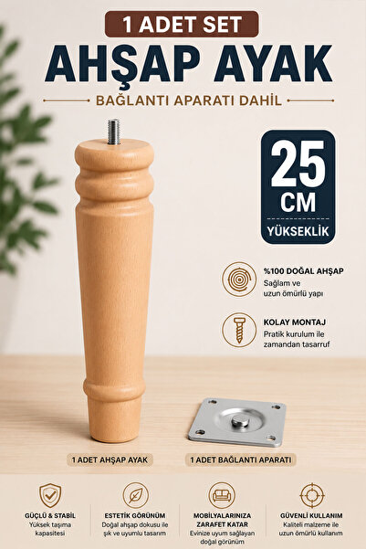 Badem10 Bohem 25 cm Doğal Boyasız Ahşap Ayak Silindir Mobilya Koltuk Kanepe A...