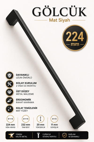 Badem10 Gölcük (224 MM - 22.4 CM) Mat Siyah Mobilya Mutfak Çekmece Dolap Dola...