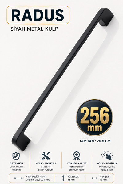 Badem10 Radus Siyah Metal Kulp 256 Mm - 25.6 Cm Mobilya Mutfak Çekmece Dolabı...