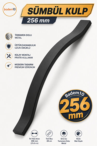 Badem10 Sümbül Kulp 256 mm Siyah Metal Mobilya Kulpu Modern Mutfak Dolabı Çek...