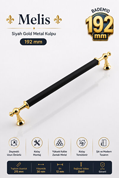 Badem10 Melis (192 mm - 19.2 cm) Siyah Gold Metal Mobilya Mutfak Çekmece Dola...
