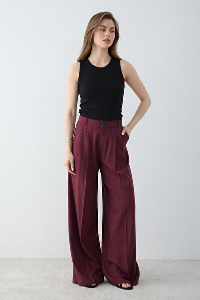 Trendyol Collection Burgundy Wide Leg Pleated Trousers Twoss26Pl00228
