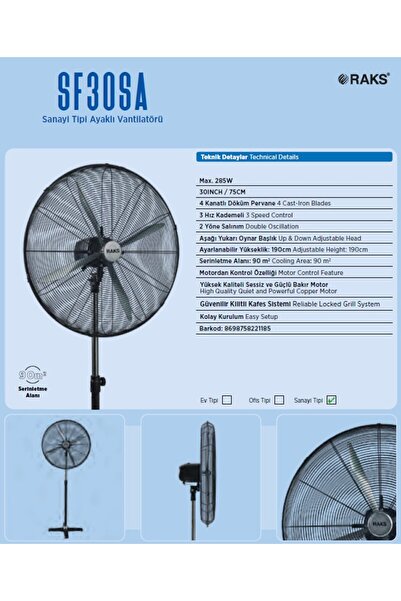 Raks SF 30 SA Sanayi Tipi Ayaklı Vantilatör 285 Watt 30inç./75cm.
