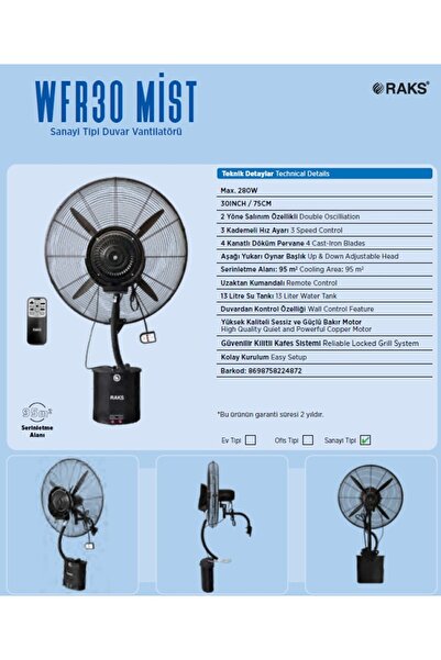 Raks WFR30 MIST Uzaktan Kumandalı 280 Watt Sanayi Tipi Su Püskürtmeli 30inç/75cm. Duvar Vantilatörü