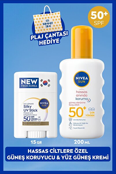 NIVEA SUN SPF50 Hassas Güneş Koruyucu Vücut Spreyi 200ml ve Kore Stick Yüz Kr...
