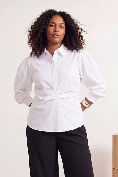 Trendyol Curve White Balloon Sleeve Detailed Asymmetrical Fitted Shirt Tbbss2...