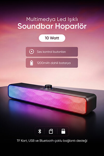Mikado MD-SBT31 Siyah 5W*2 1200mAh BT,RGB,TF Card,Type-C ,USB Soundbar Speaker